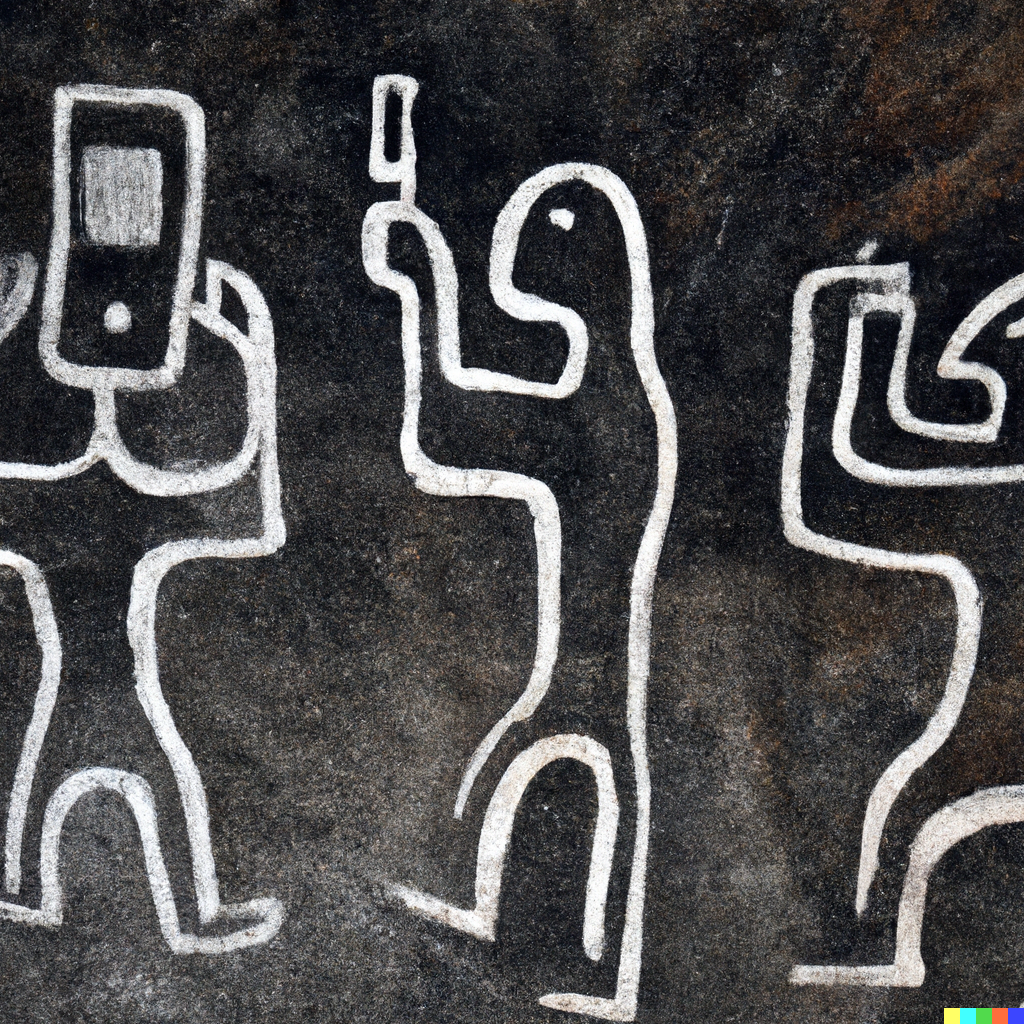 Upper Neolithic cave art depicting smart phones and the modern world. A group of three, all with phones. One with phone for head. Digital Declutter and Dopamine Detox
