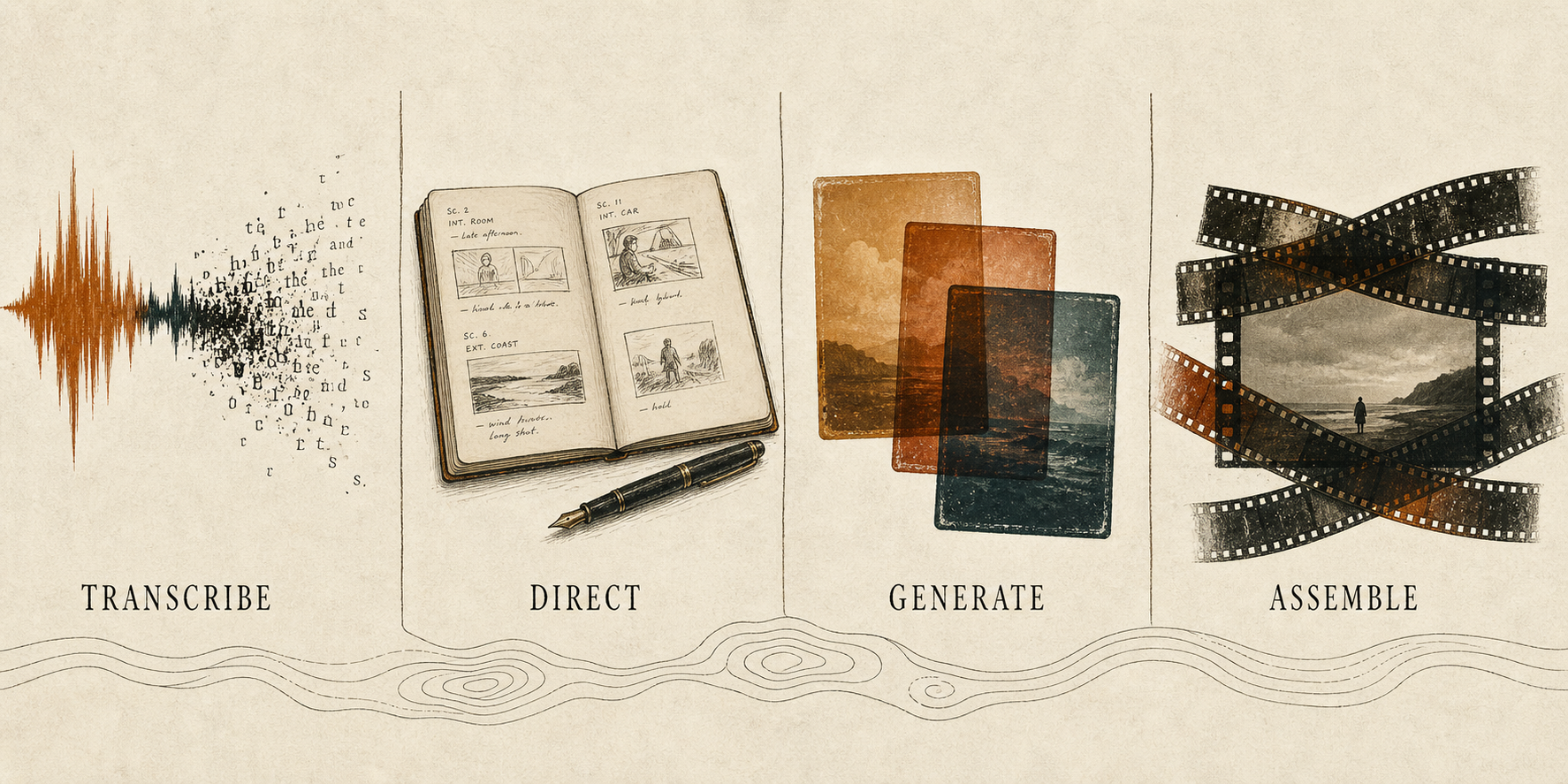 Pipeline stages — Transcribe, Direct, Generate, Assemble